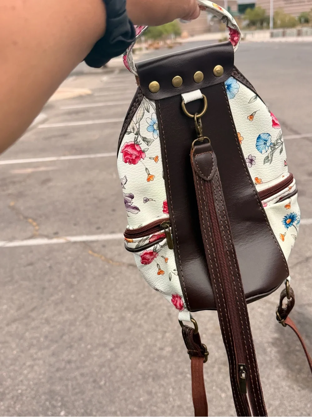 Floral Mini Backpack - White Floral with Brown Trim